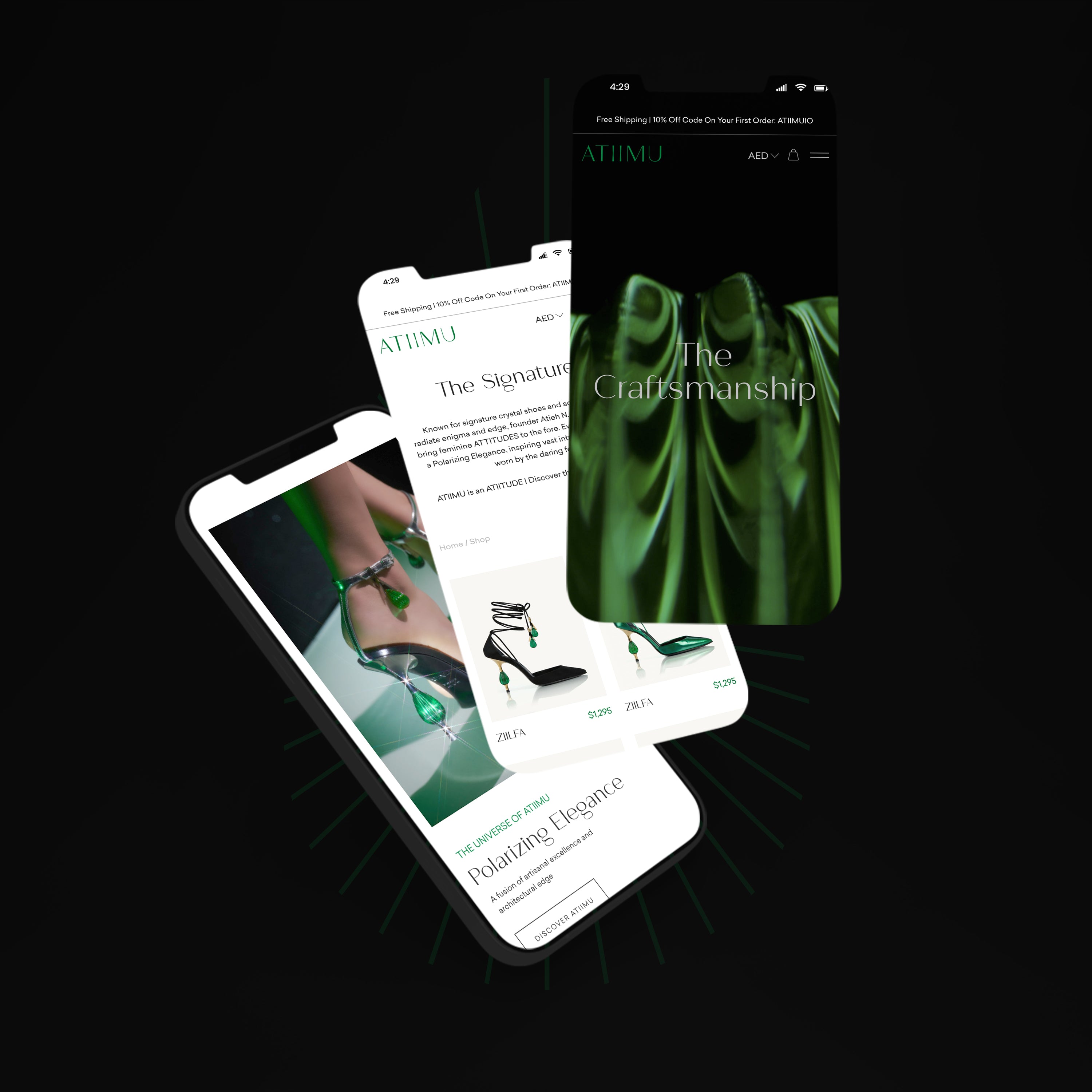 Smartphones displaying an ATIIMU e-commerce website with green shoes on a black background