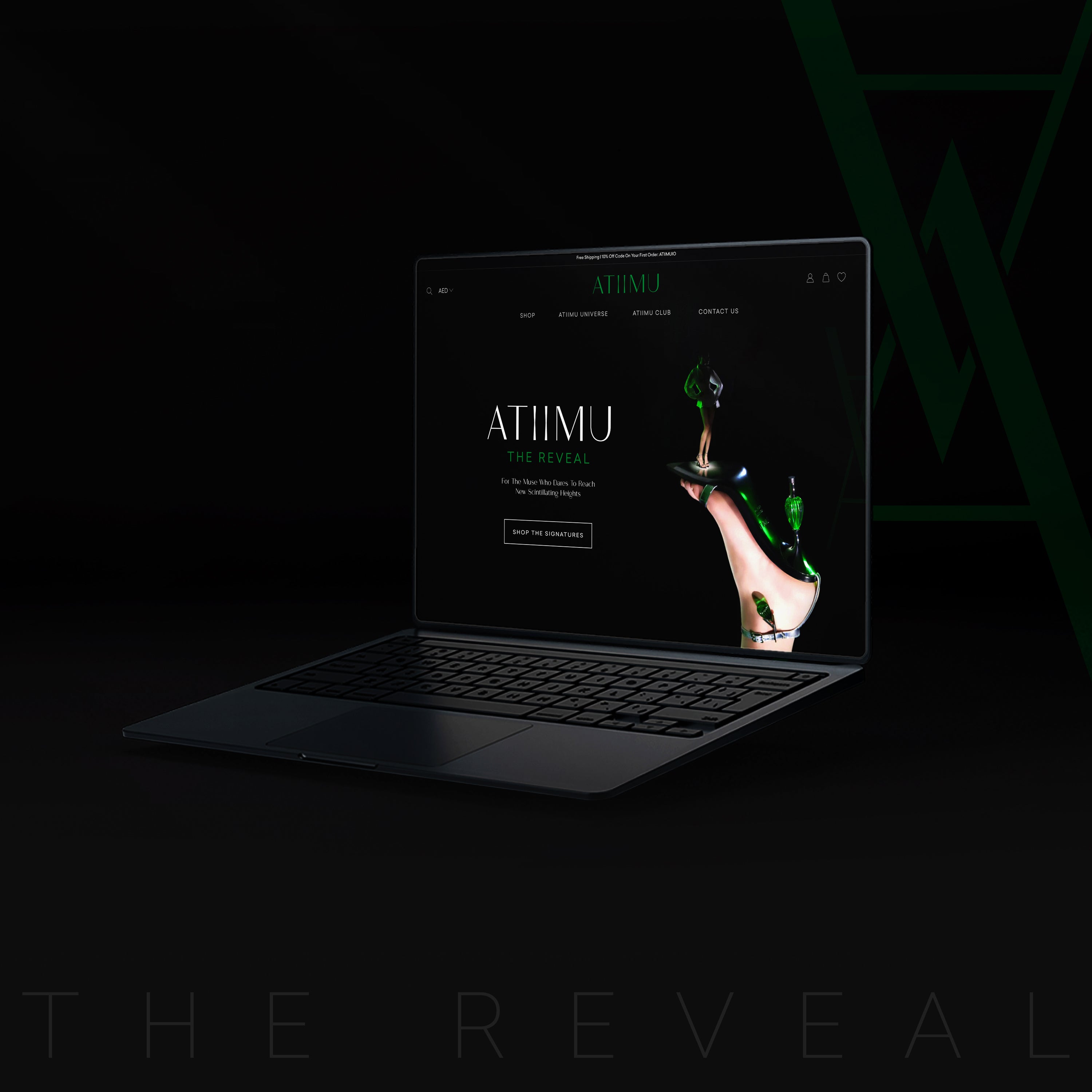 Laptop displaying the Atimu Shopify website on a dark background