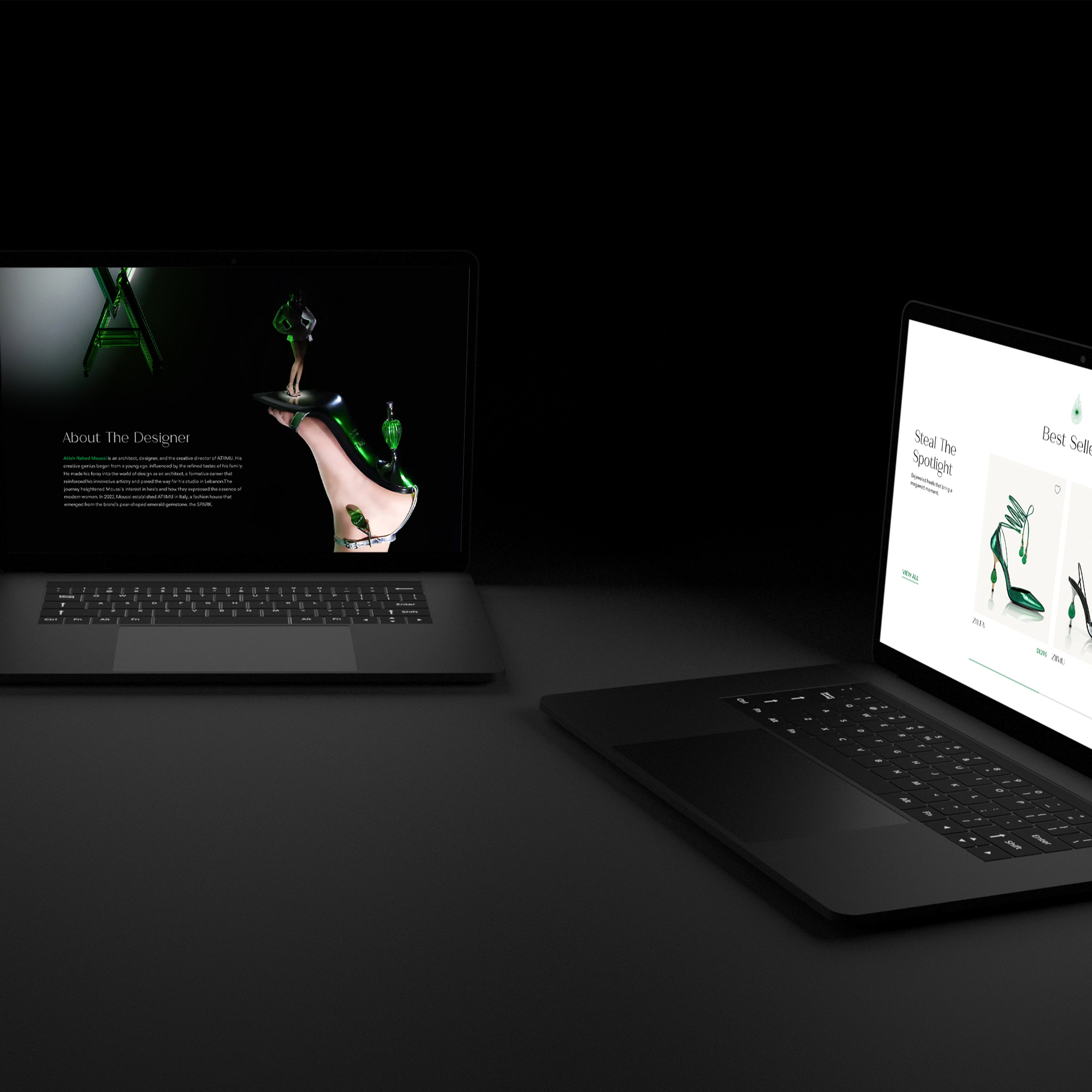 Two laptops on a dark surface with high-heeled ATIIMU shoes Website displayed on their screens.