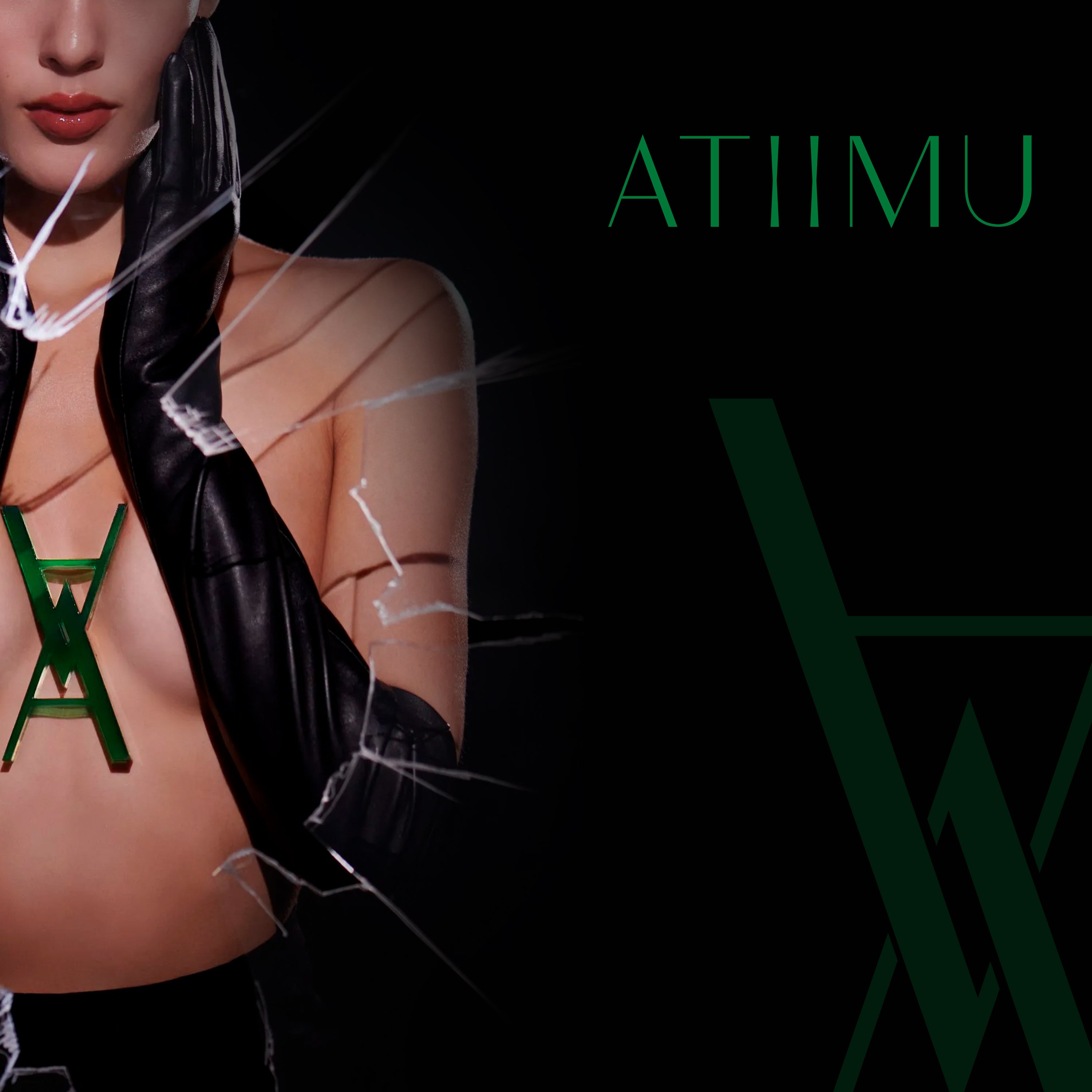 Model wearing a black leather outfit with green accents, featuring the brand 'ATIMU' on a dark background.