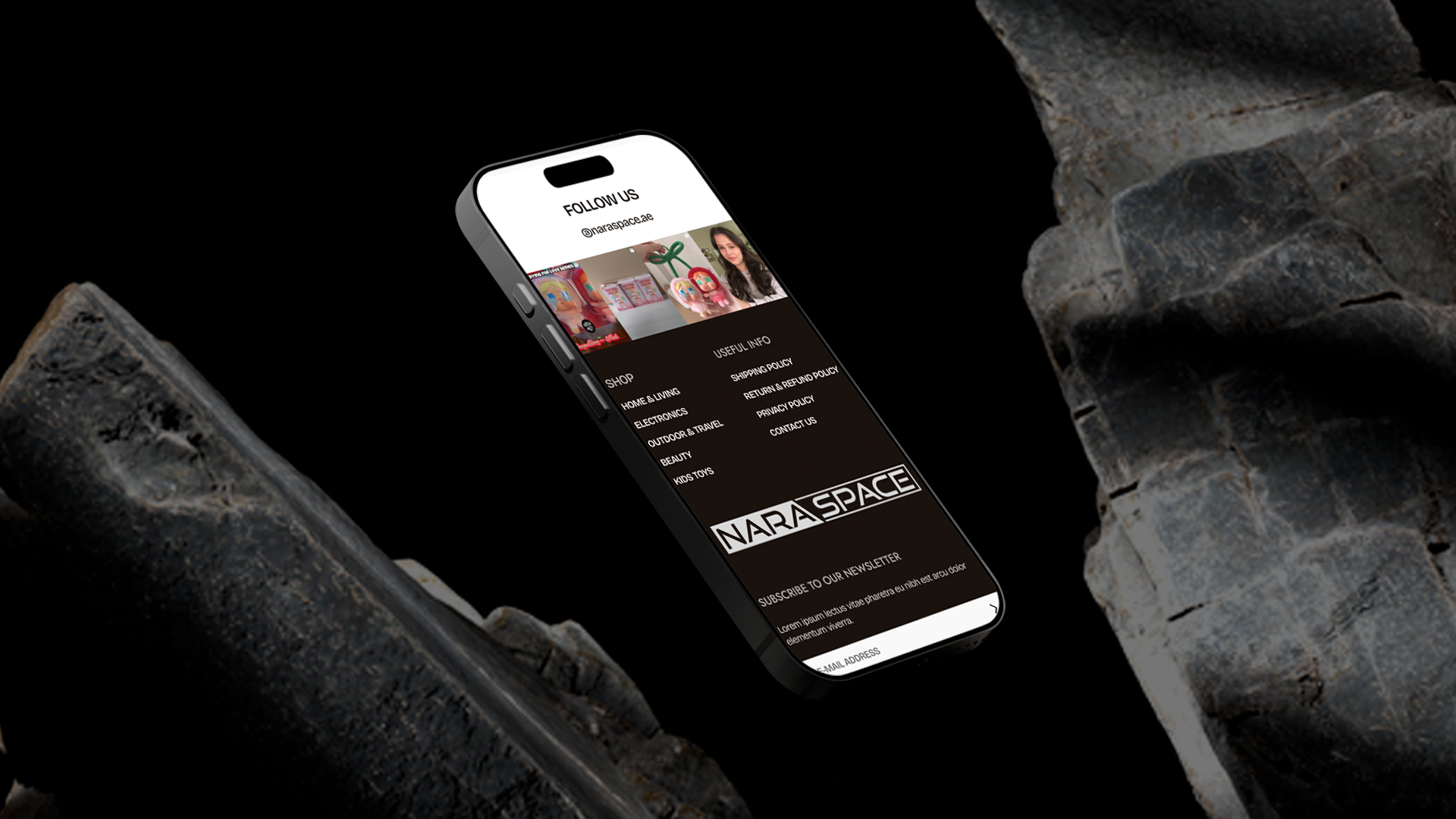 Phone displaying NARA Space website on a dark background with a textured surface