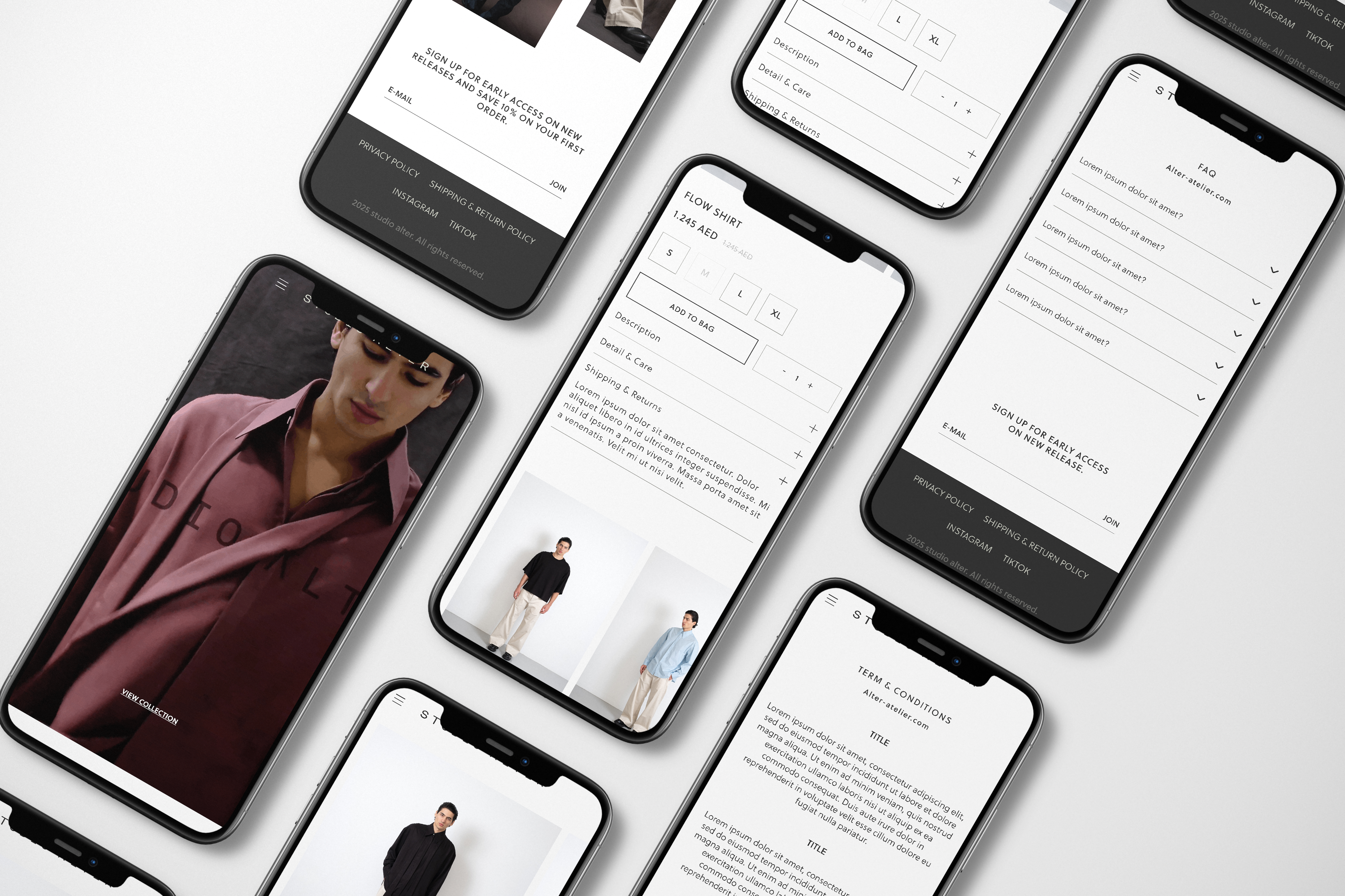 A top-down view of multiple smartphones arranged on a light gray background, each displaying a fashion e-commerce Studio Alter mobile website with clothing photos and text pages.