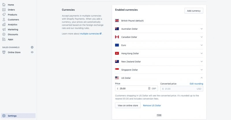 Shopify Enable Multi Currency